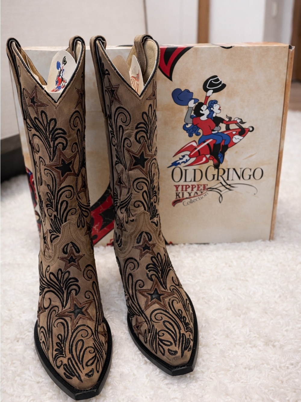 Old Gringo Tan Boots with Black Star & Scroll Embroidery New